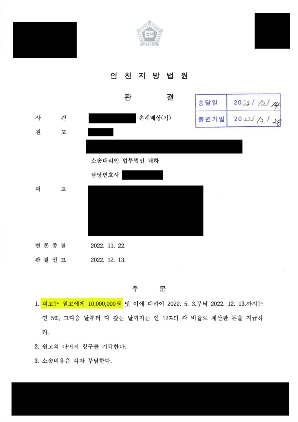 위자료 1천만 원 인정 받은 사례