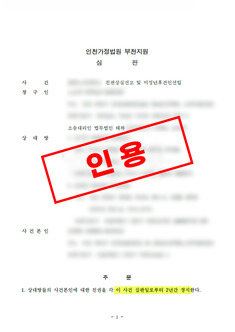 친권상실심판 인용 및 조모 미성년후견인 지정 사례