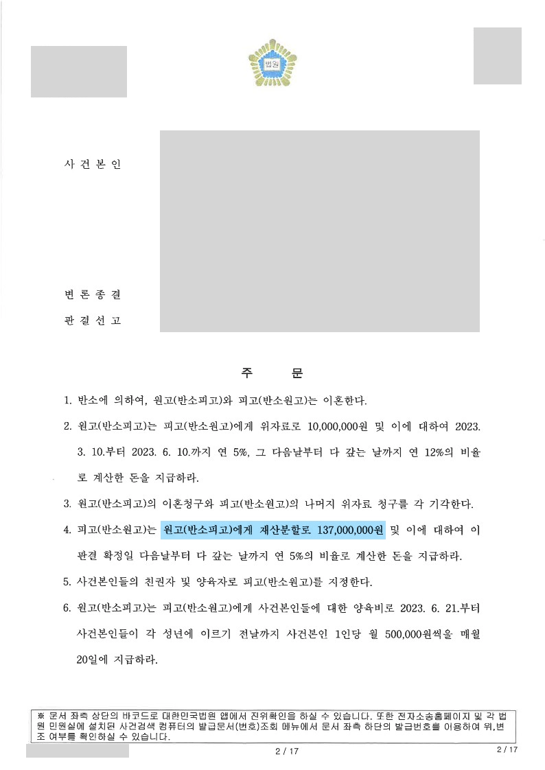 기여도 인정 및 재산분할 1억원