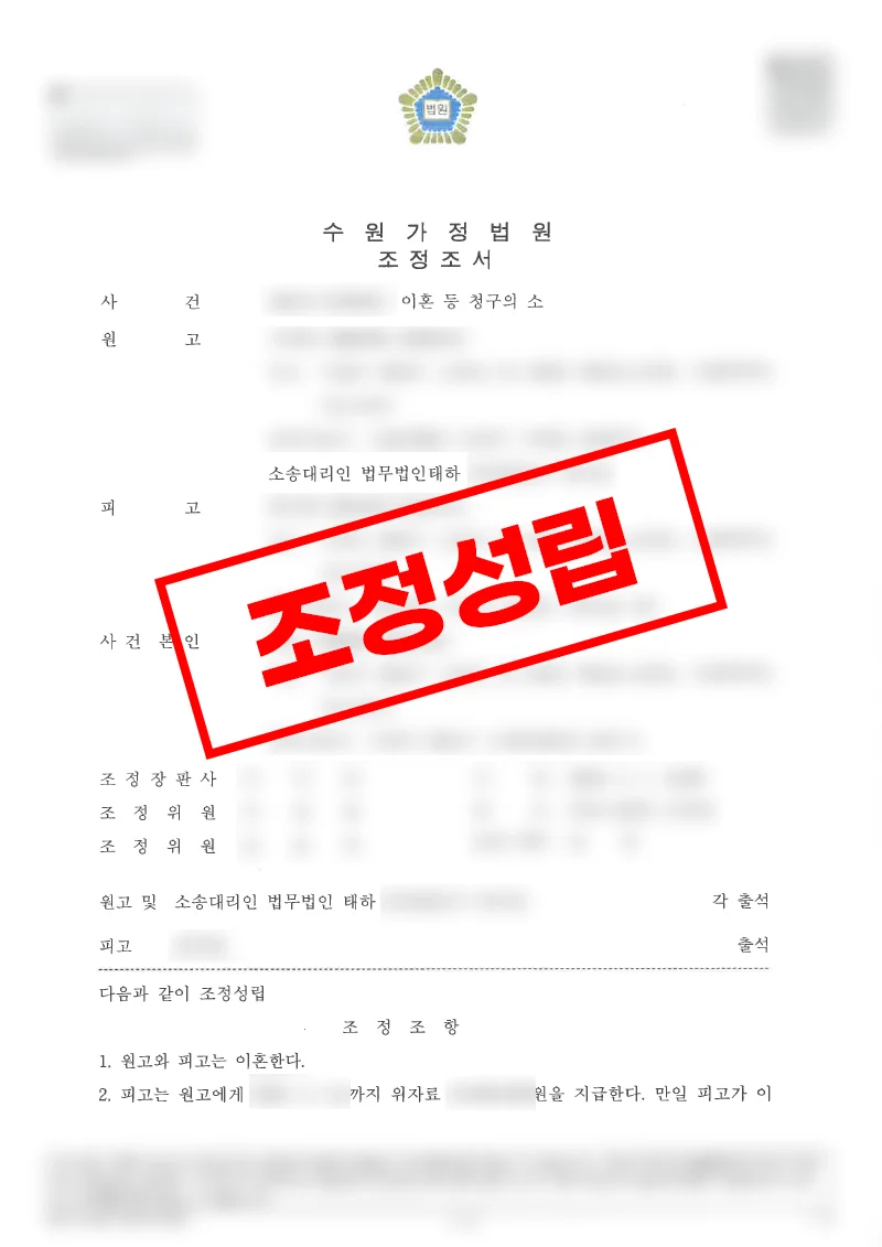 배우자 부정행위 이혼소송, 아파트 1/2 지분 이전·친권 및 양육권 확보로 조정 성립한 사례